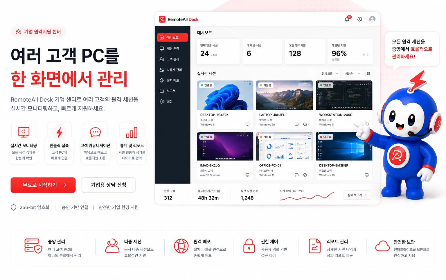 기업 원격지원 센터, 여러 고객 PC를 한 화면에서 관리