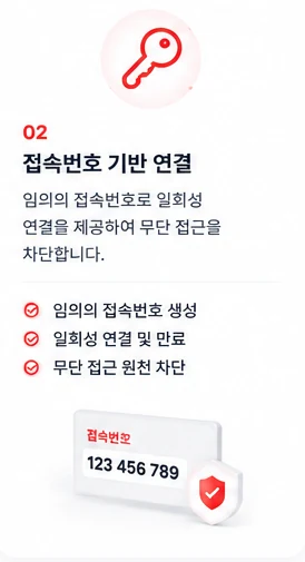 02 접속번호 기반 연결 — 임의의 접속번호로 일회성 연결을 제공하여 무단 접근을 차단. 임의의 접속번호 생성, 일회성 연결 및 만료, 무단 접근 원천 차단